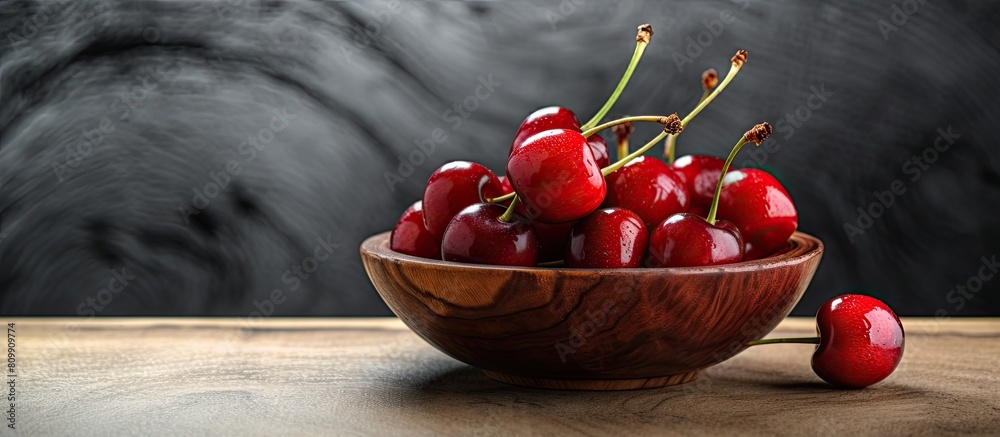 Poster a delicious cherry sits in a wooden bowl on a table made of the same material offering a charming co