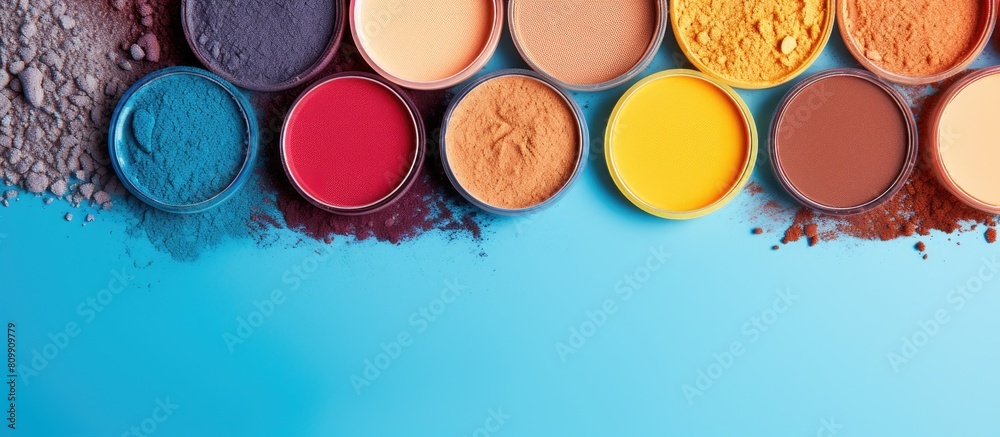 Poster colorful eye shadows arranged in a flat lay composition on a vibrant background providing ample copy