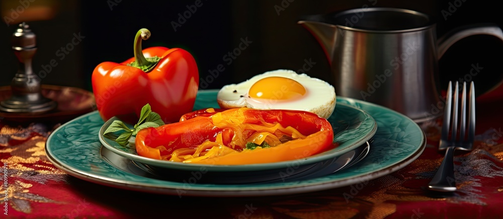 Poster copy space image of bell peppers with eggs baked inside served on plates on the table cutlery is pla