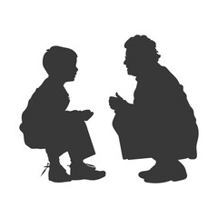 Silhouette elderly women and little boy were sitting while talking black color only