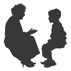 Silhouette elderly women and little boy were sitting while talking black color only