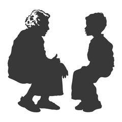 Silhouette elderly women and little boy were sitting while talking black color only