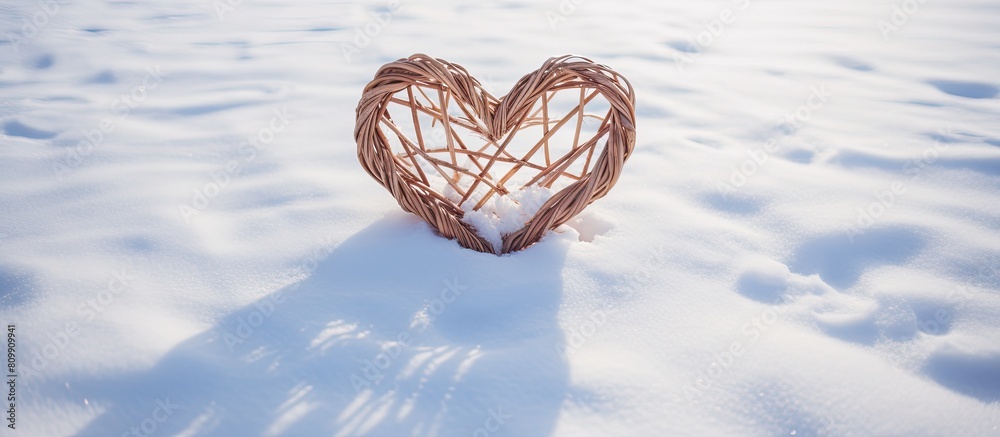 Poster A copy space image of a heart shaped wicker decoration resting on a blanket of pristine snow