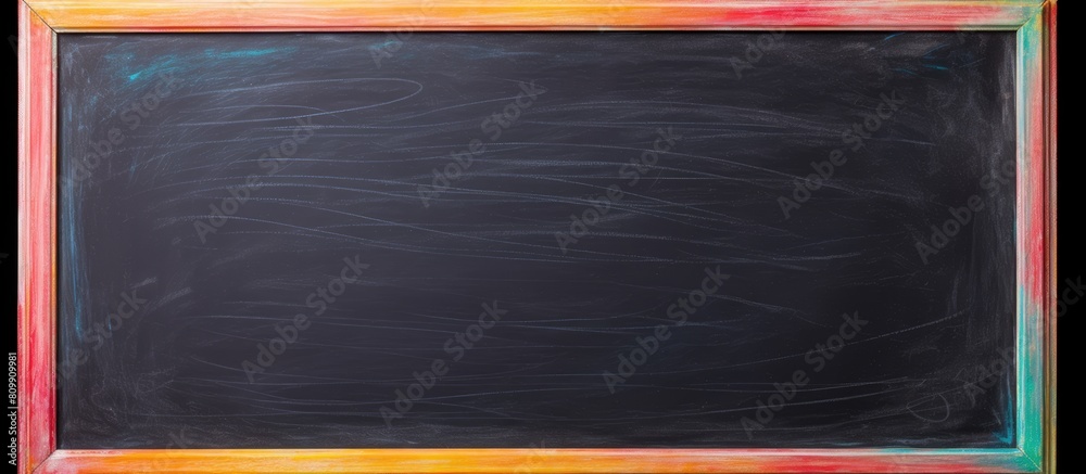 Poster Top view of a frame composed of vibrant chalk colors on a blackboard with an empty area for an image or text copy space image