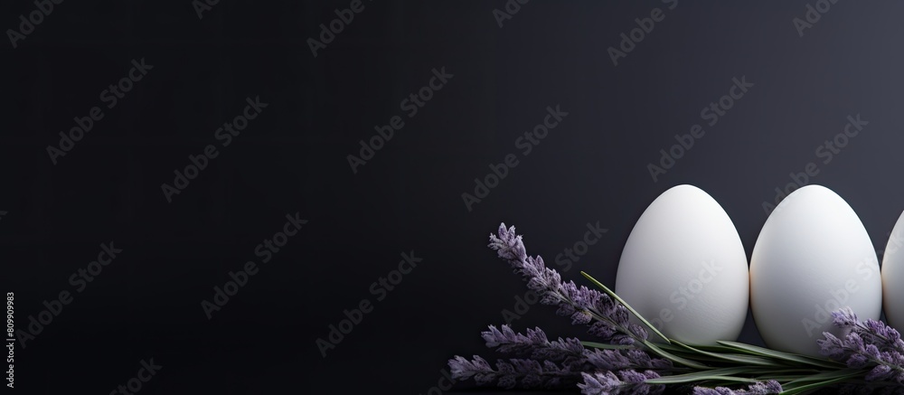 Poster A view from above shows three white Easter eggs resting on a dark background with lavender creating a visually appealing copy space image