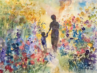 watercolor painting of a mother and child walking through a field of flowers