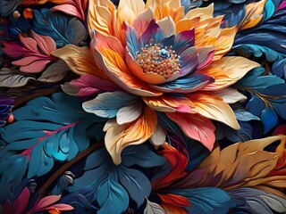 high quality, 8K Ultra HD, vivid colorful, Seamless patterns, fabric art, Art station, stary night many colorful detailed Design combining flower and leaf, splash arts, aesthetic Generative AI