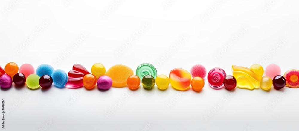 Aufkleber Colorful candies arranged in an appealing way with plenty of empty space around them on a plain white background making it ideal as a copy space image