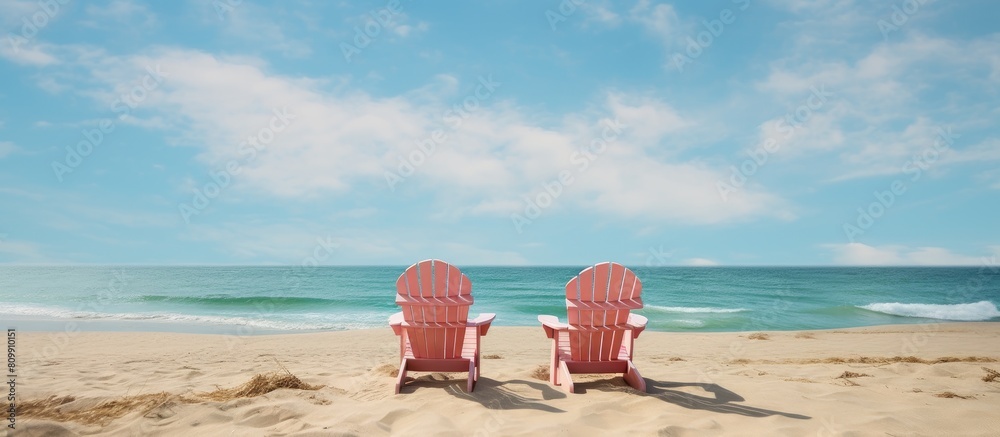 Poster there are empty adirondack chairs placed on the sandy beach creating a visually appealing copy space