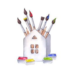 Art supplies set colored paint palette paintbrushes in white ceramic house cuvettes tempera gouache acrylic oil. Hand drawn watercolor illustration isolated background. For printing postcards