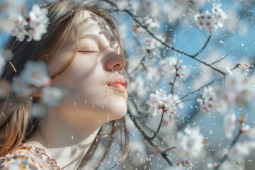 Pollen allergy, young woman is going to sneeze closeup, flowering trees rhinitis, nose sensitivity - obrazy, fototapety, plakaty