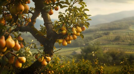 A pear tree filled with golden pears swaying in the breeze, set against a rural landscape