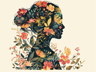 woman's head in profile, filled with colorful flowers.