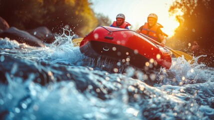 Fototapeta premium Friends enjoying thrilling white-water rafting adventure on roaring river, thrilling group escapade