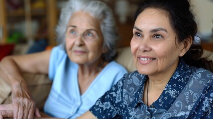 Elderly woman with caregiver at home, smiling face