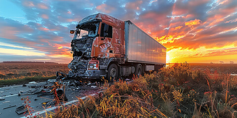Cargo truck with destroyed cabin after dangerous road accident at dusk countryside. Crashed lorry stands on roadside at evening countryside. - Powered by Adobe