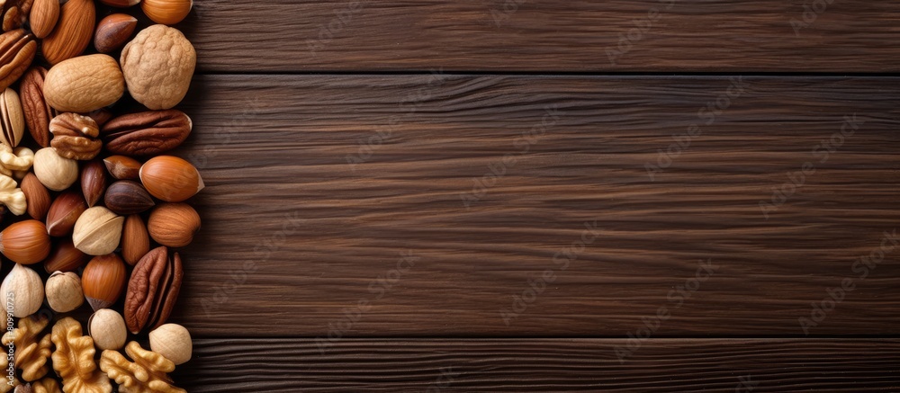 Poster top view of a wooden board background with a frame of nuts providing copy space for text