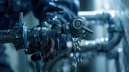 Plumber Repairing Leaky Bathroom Pipes with Wrench,Dripping Water and Shadows