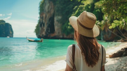 Back view young tourist woman in summer dress and hat standing on beautiful sandy beach. Cute girl enjoy her tropical sea on relax holiday vacation during summer time and sunshine day, generative ai