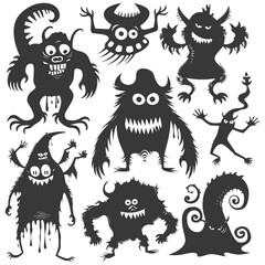 Silhouette funny monsters collection set black color only