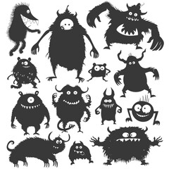 Silhouette funny monsters collection set black color only