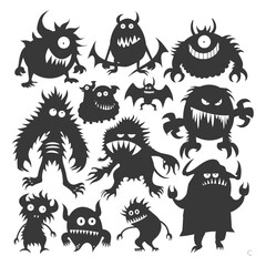 Silhouette funny monsters collection set black color only