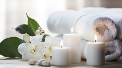 Fototapeta na wymiar Compose a restful spa day banner with candles plush towels and flowers ideal for advertising health and wellness retreats.