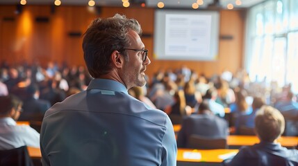 Fototapeta premium Business executive thoughtfully participating in a corporate seminar