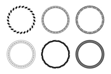 Decorative circle frame template design set of six round border vector pattern. Circle frame detail vector design set. Simple ornament design for labels, covers, invitation cards.