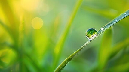 Close-up of a dewdrop on a blade of grass. The dewdrop is perfectly round and reflects the sun's light. The blade of grass is green and lush.