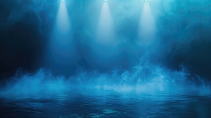 Fototapeta premium A dark empty street, dark blue background, an empty dark scene, neon light, spotlights The asphalt floor and studio room with smoke float up the interior texture. night view, generative ai