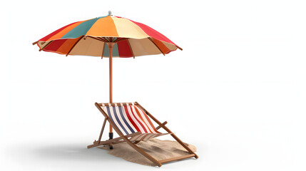 Beach umbrella and beach chair isolated on white background, png
