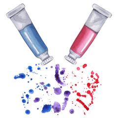 Paint tube blue and red colors mix make purple violet. Oil acrylic tempera gouache. Packaging art liquid pigments splattered drops. Hand drawn watercolor illustration isolated background.