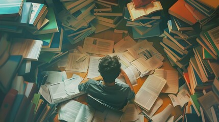 Industrious student surrounded by academic resources striving for scholastic excellence