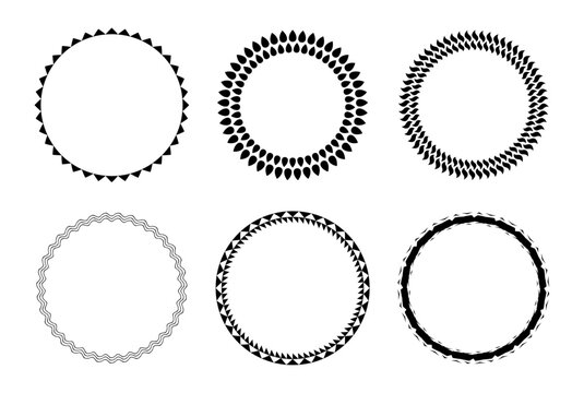 Decorative circle template frame design set of six round border vector pattern. Circle frame detail vector design set. Simple ornament design for labels, covers, invitation cards.