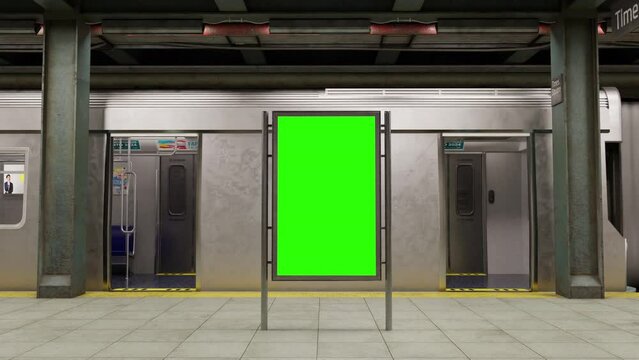Empty billboard with a green screen for advertising on a subway station. 4k 3D animation 