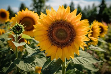 Obraz premium Summer sunflower field leaf. Scene bright. Generate Ai