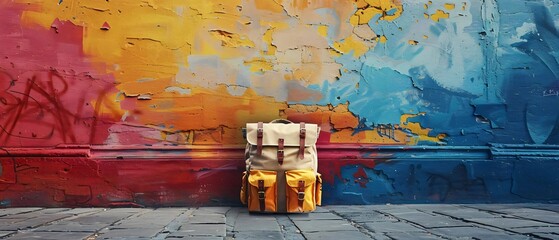 A blank canvas backpack against a colorful graffiti wall, ideal for streetwear mockups