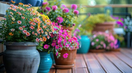 Fototapeta na wymiar Colorful flowers and pots on deck