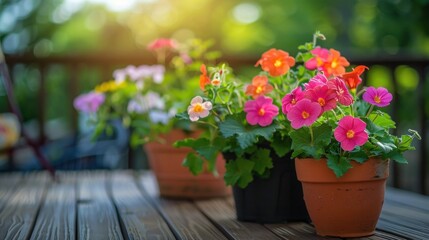 Fototapeta na wymiar Colorful flowers and pots on deck