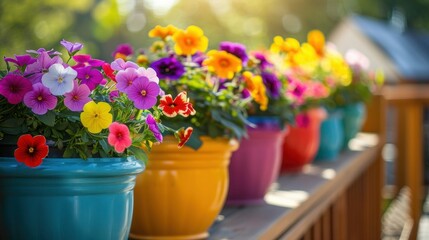 Naklejka na ściany i meble Colorful flowers and pots on deck