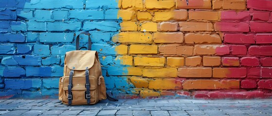 A blank canvas backpack against a colorful graffiti wall, ideal for streetwear mockups