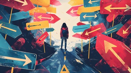 Young Adult at a Crossroads Surrounded by Diverse Directional Signposts Representing Choices and Uncertainties of Emerging Adulthood