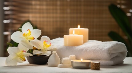 Craft a serene spa scene with candles towels and flowers laid out to promote a special package on stress relief and holistic wellbeing.