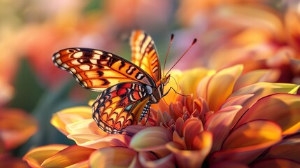 A beautiful butterfly with orange, black, and yellow markings on its wings is perched on a flower. The flower is surrounded by green leaves. - Powered by Adobe