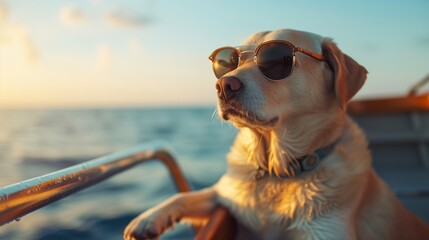 Dog wearing glasses travel on the Yacht. Generative AI