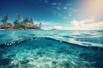 Idyllic tropical island with crystal clear water, split view above and beneath the ocean surface