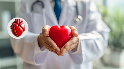 Cardiologist doctor holding a red heart in his hands - obrazy, fototapety, plakaty