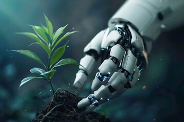 High tech robotic hand nurturing a budding plant a metaphor for technological growth and sustainability 
