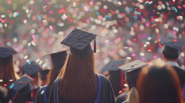 Rear view of university graduates wearing graduation gown and cap in the commencement day, Concept education congratulation. Graduation Ceremony, generative ai